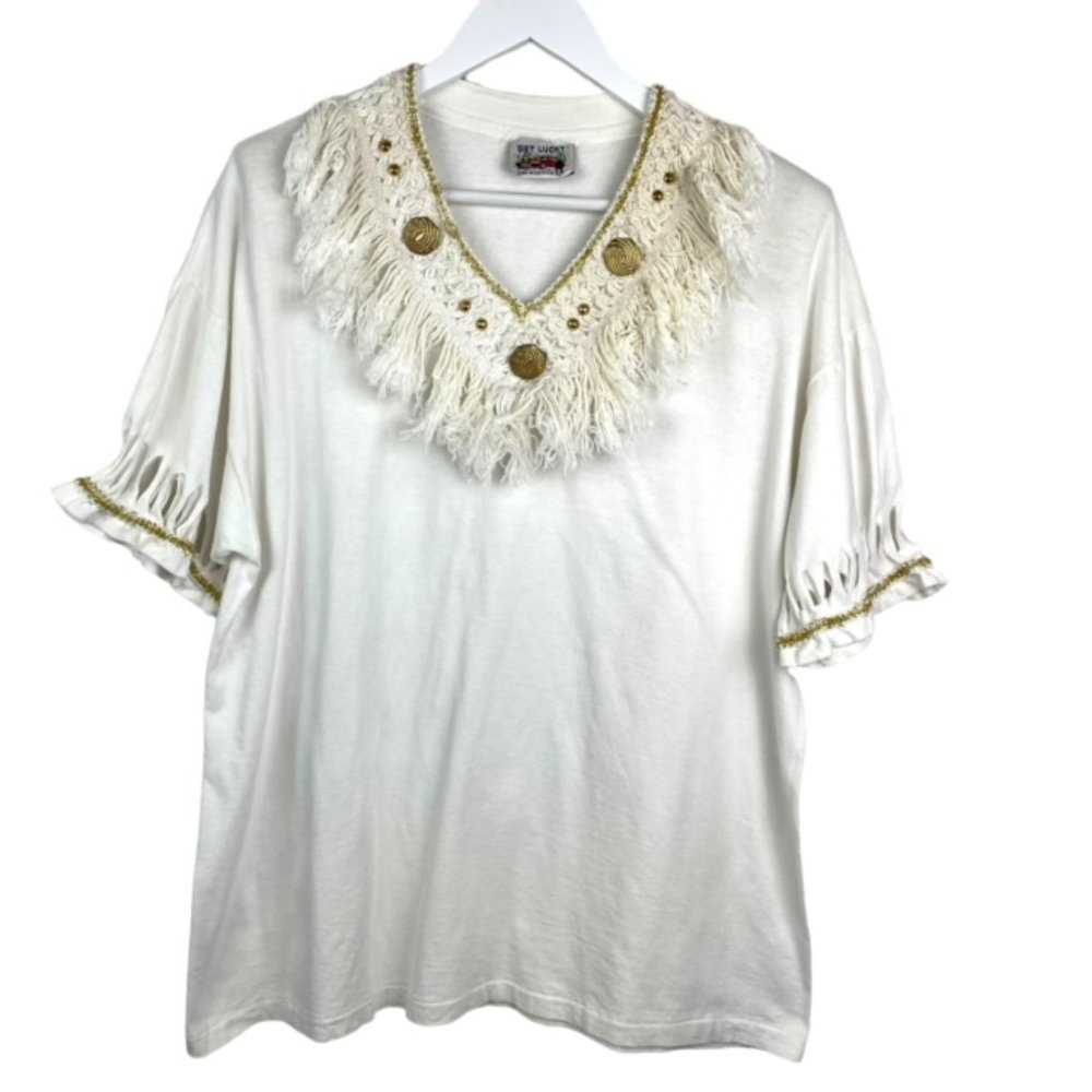Vintage GET LUCKY Womens One Size Top Fringe Knit Neck Line Ruffle Gold Sleeves